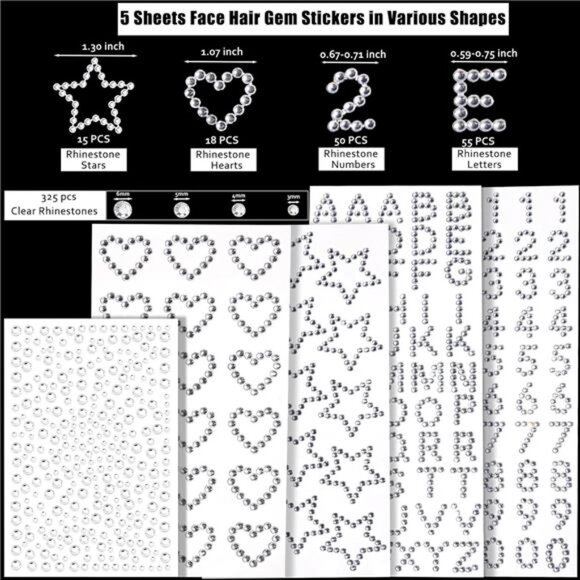 Hair Face Gems Jewels Self Adhesive Heart Numbers Letters  (5 Sheets, 463 Pcs) - Picture 3 of 6
